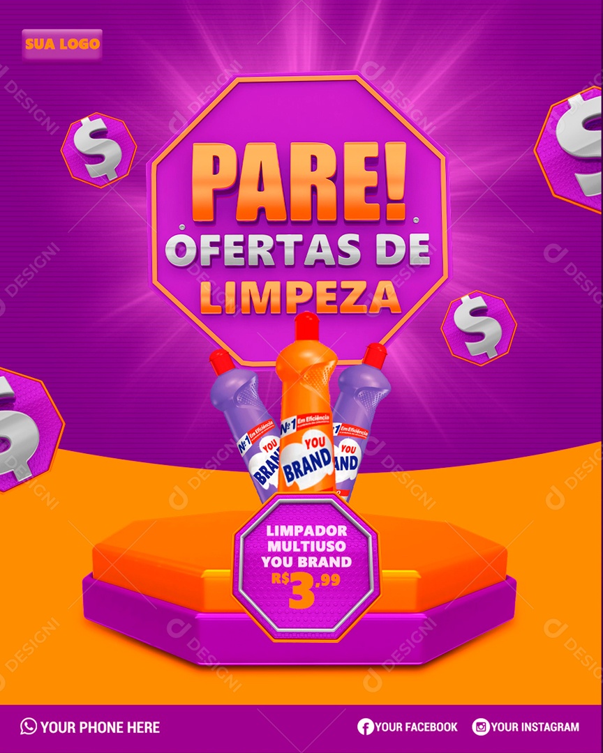 Social Media Supermercados Pare Ofertas de Limpeza Produtos PSD Editável