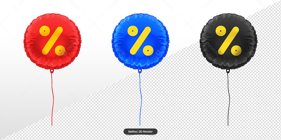 Balões de Porcentagem Vermelho Azul e Preto Elemento 3D para Composição PSD