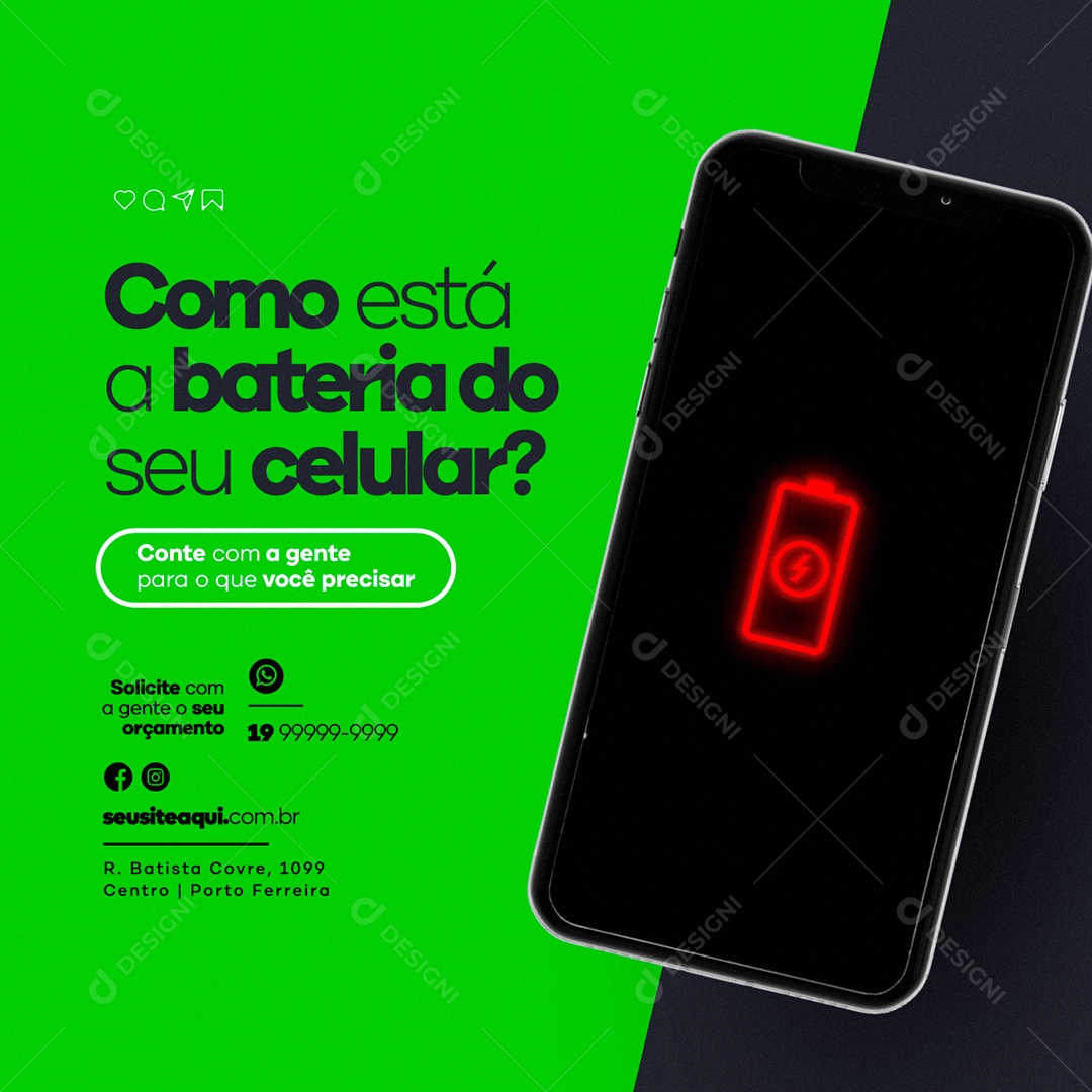 Como está a Bateria do Seu Celular Assistência Técnica Social Media PSD Editável