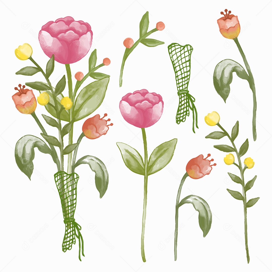 Grande conjunto botânico de flores silvestres. Conjunto de partes separadas e reunir um lindo buquê de flores em estilo de cores de água no fundo, ilustração