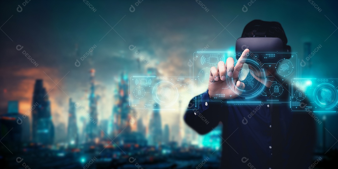 Controle, trabalhe, comande com robô droide AI de Inteligência Artificial e sistema ciborgue