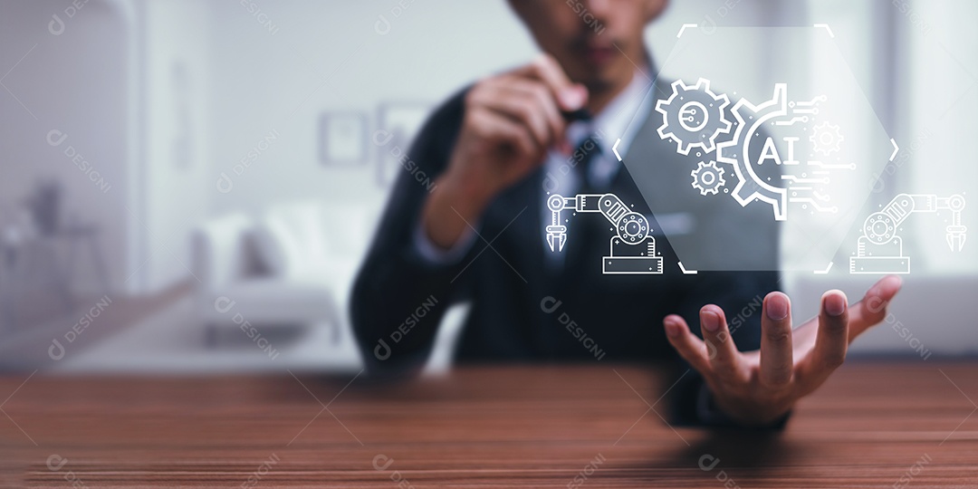 Controle, trabalhe, comande com robô droide AI de Inteligência Artificial e sistema ciborgue