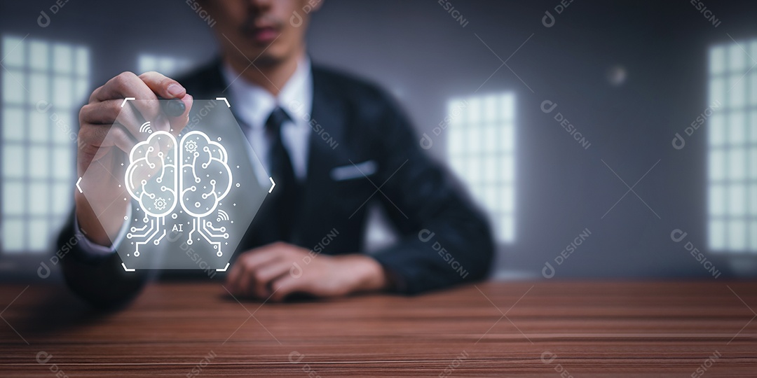 Controle, trabalhe, comande com robô droide AI de Inteligência Artificial e sistema ciborgue