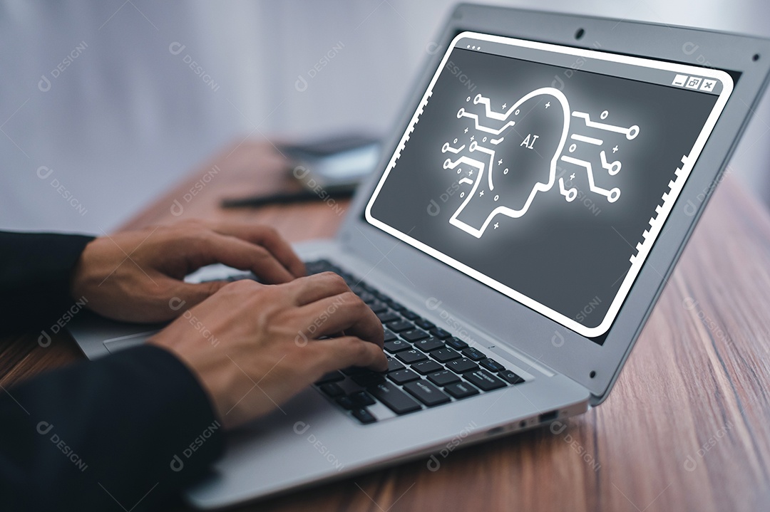 Controle, trabalhe, comande com robô droide AI de Inteligência Artificial e sistema ciborgue
