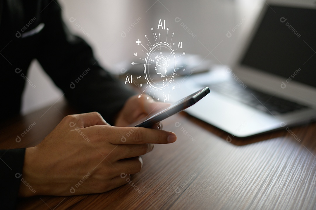 Controle, trabalhe, comande com robô droide AI de Inteligência Artificial e sistema ciborgue