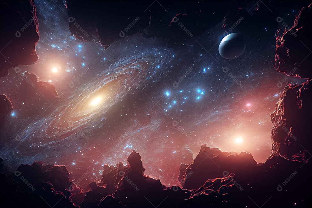 Nebula e galáxias no espaço 3D