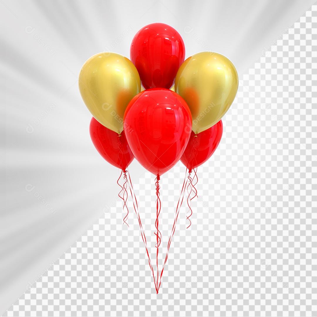 Balões Vermelho e Dourados Elemento 3D para Composição PSD