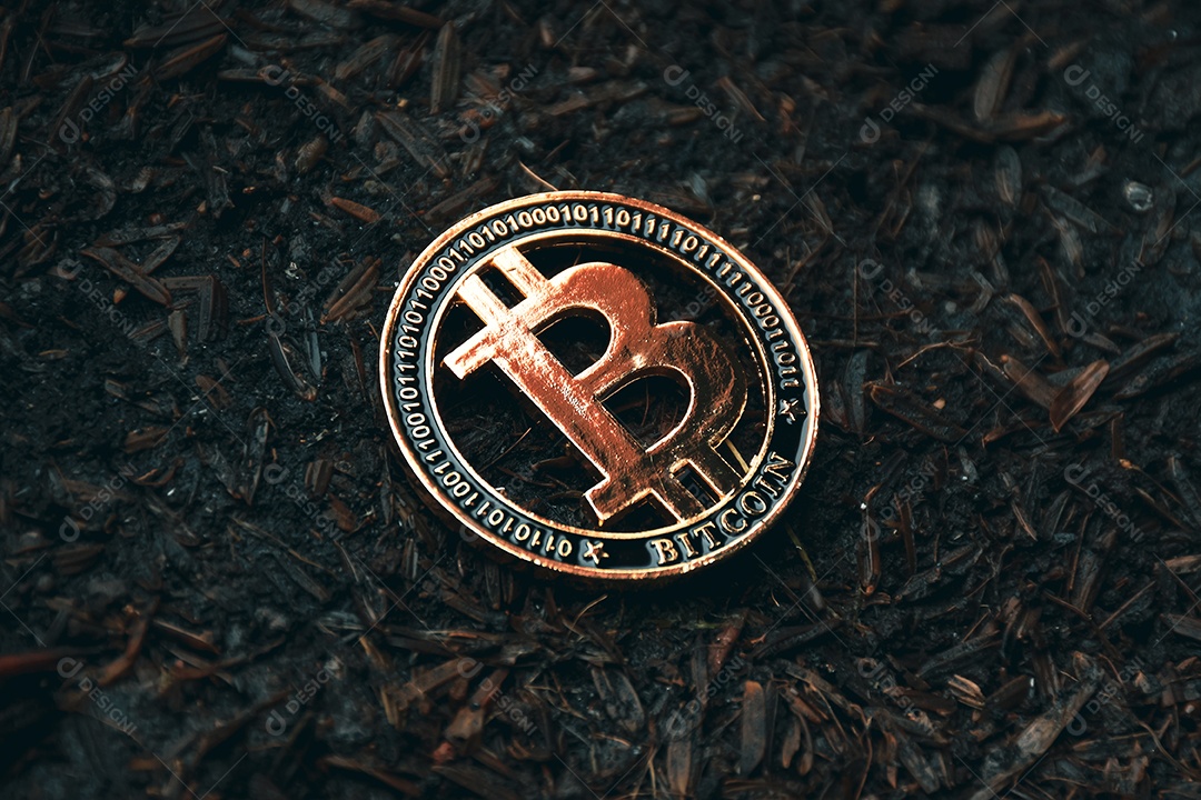 Close-up de bitcoin no chão, dinheiro virtual de criptomoeda