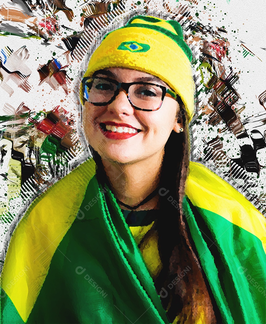Jovem fã brasileira comemorando a vitória do Brasil. ilustração.
