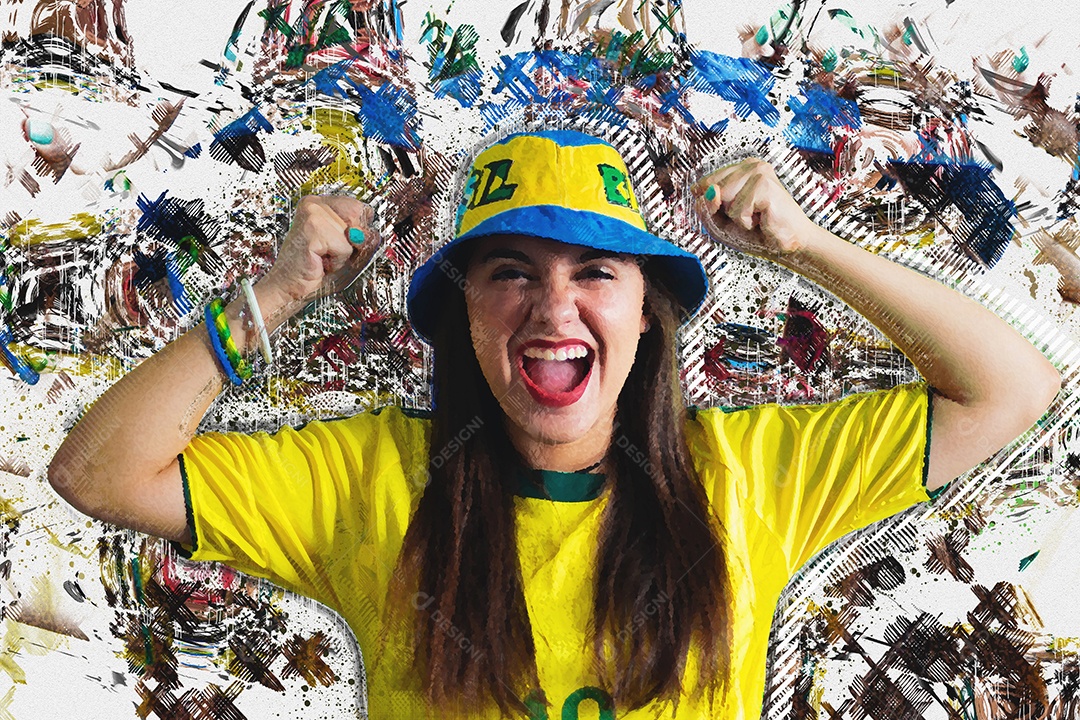 Jovem fã brasileira comemorando a vitória do Brasil. ilustração.