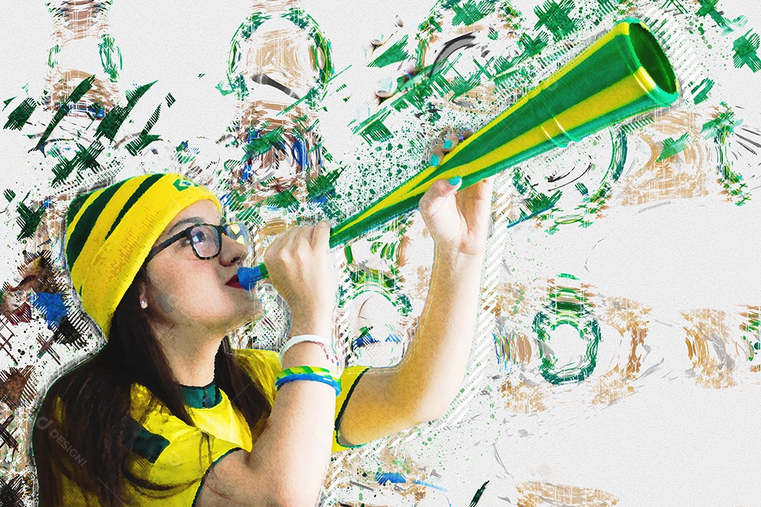 Jovem fã brasileira comemorando a vitória do Brasil. ilustração.