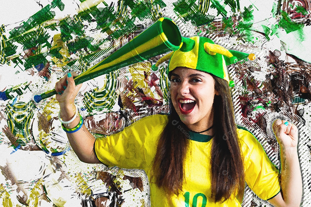 Jovem fã brasileira comemorando a vitória do Brasil. ilustração.