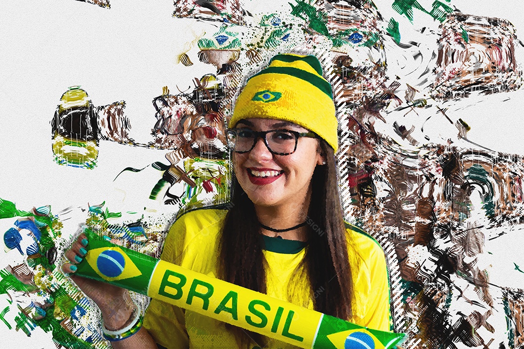 Jovem fã brasileira comemorando a vitória do Brasil. ilustração.