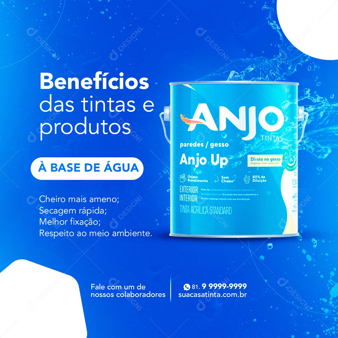 Benefícios das tintas e Produtos à Base de Água Anjo Up Casa de Tintas Social Media PSD Editável