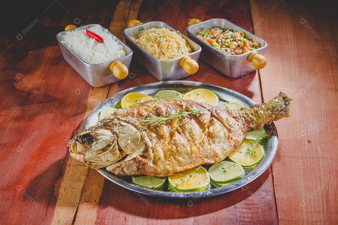 Peixe tambaqui assado com acompanhamentos