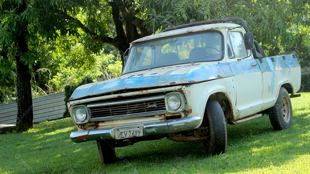 Picape antiga azul e branca sobre gramado