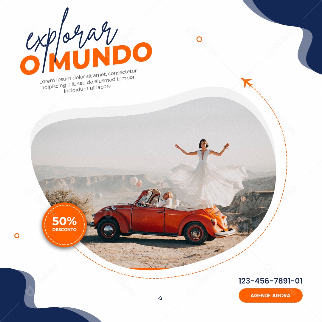 Explorar o Mundo Viagem 50% Desconto Social Media PSD Editável