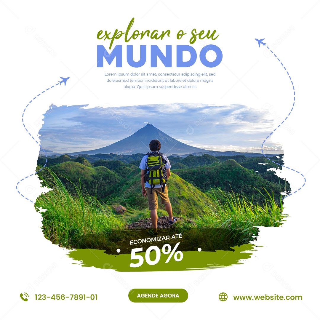 Explorar o seu Mundo Economizar Até 50% Viagem Social Media PSD Editável