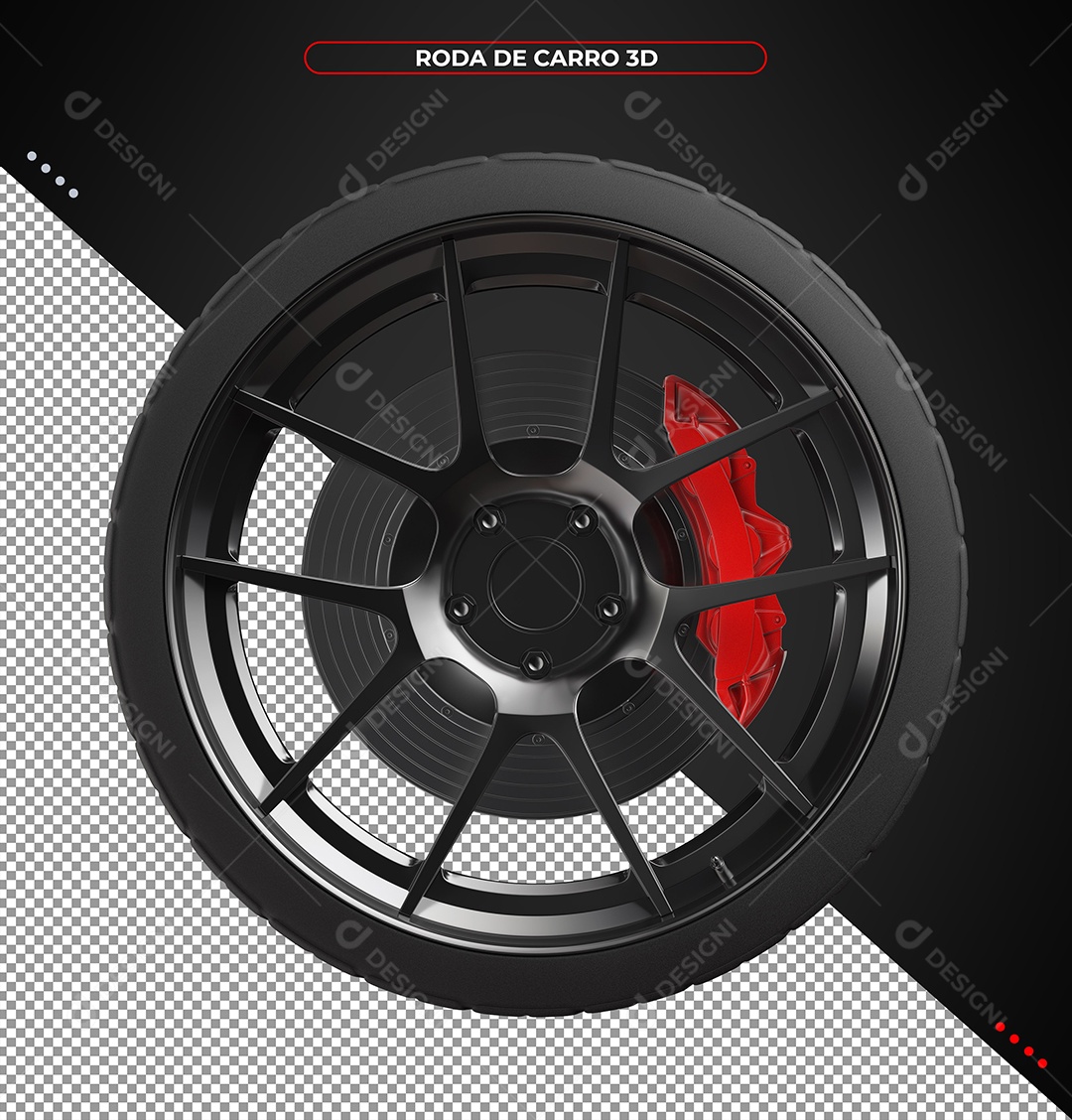 Roda Dianteira de Carro com Pastilha De Freio vermelha Ilustração 3D para Composição PSD