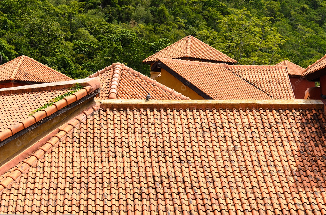 Vista da casa de telhados de telha.