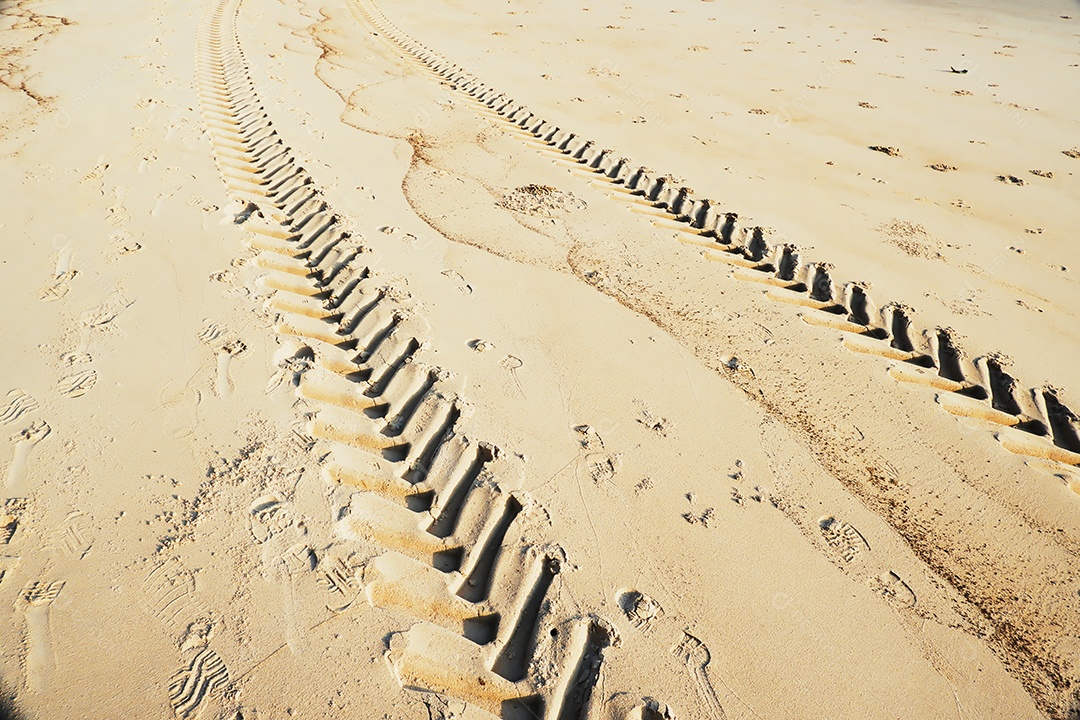 Faixas da roda do trator em uma praia tropical com sol