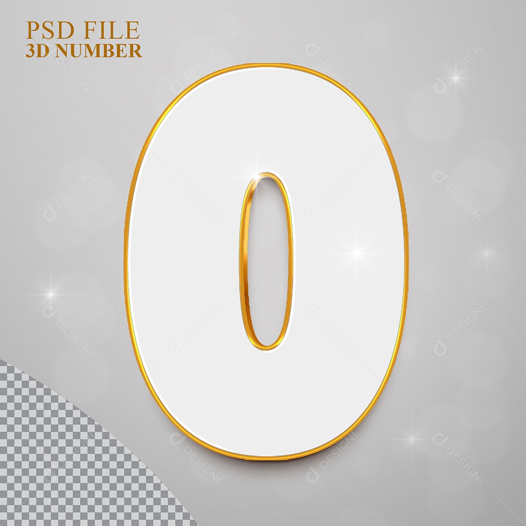 Número 3D 0 Branco com Bordas Dourada Elemento para Composição PSD