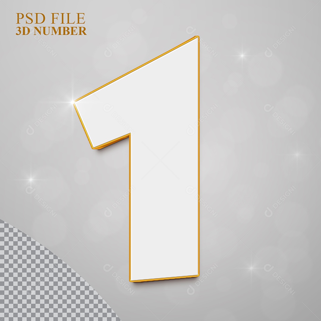 Número 3D 1 Branco com Bordas Dourada Elemento para Composição PSD