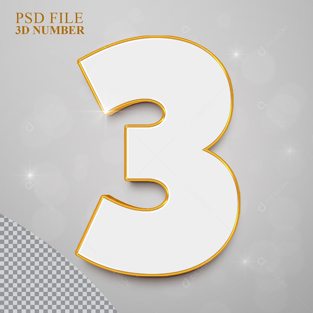 Número 3D 3 Branco com Bordas Dourada Elemento para Composição PSD