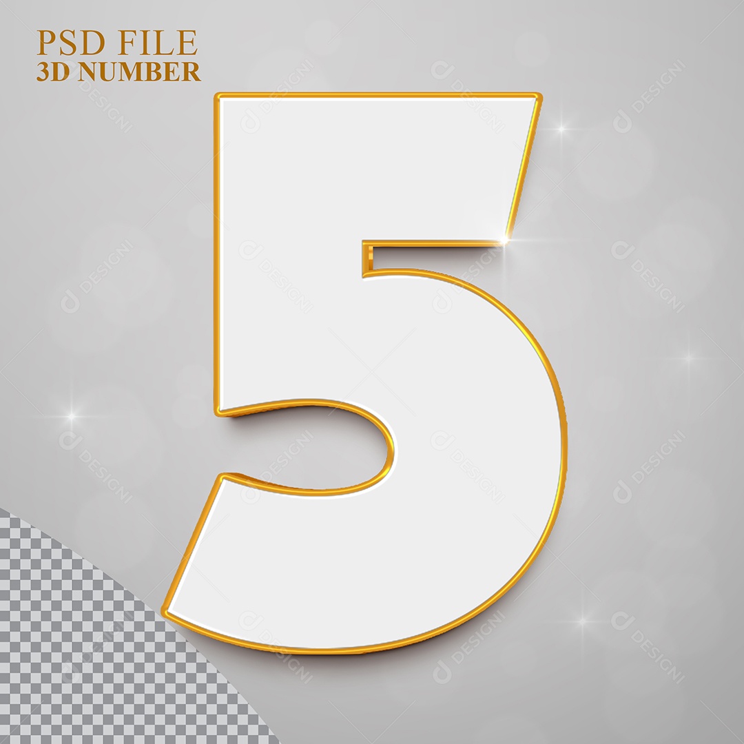 Número 3D 5 Branco com Bordas Dourada Elemento para Composição PSD
