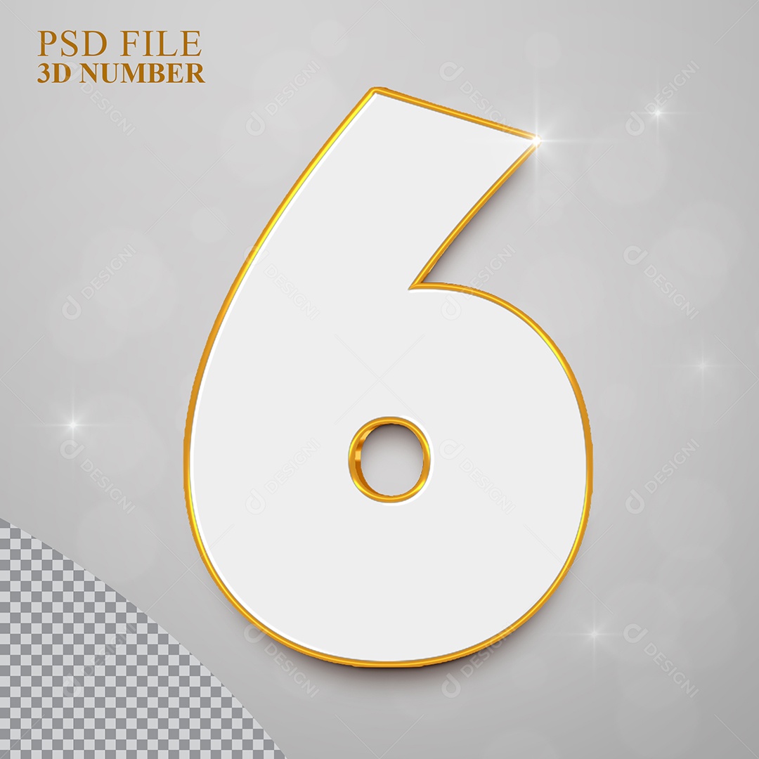 Número 3D 6 Branco com Bordas Dourada Elemento para Composição PSD
