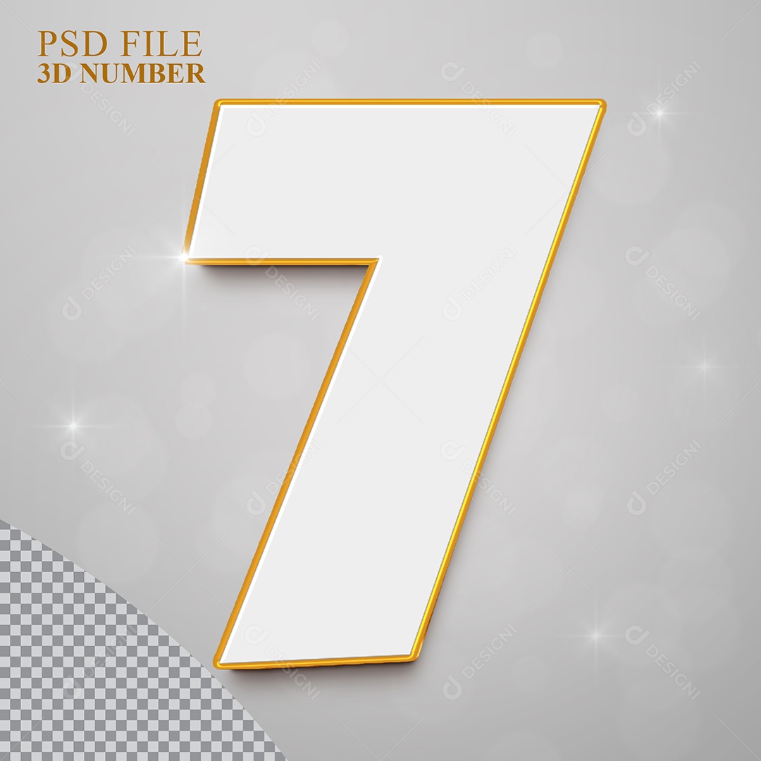 Número 3D 7 Branco com Bordas Dourada Elemento para Composição PSD