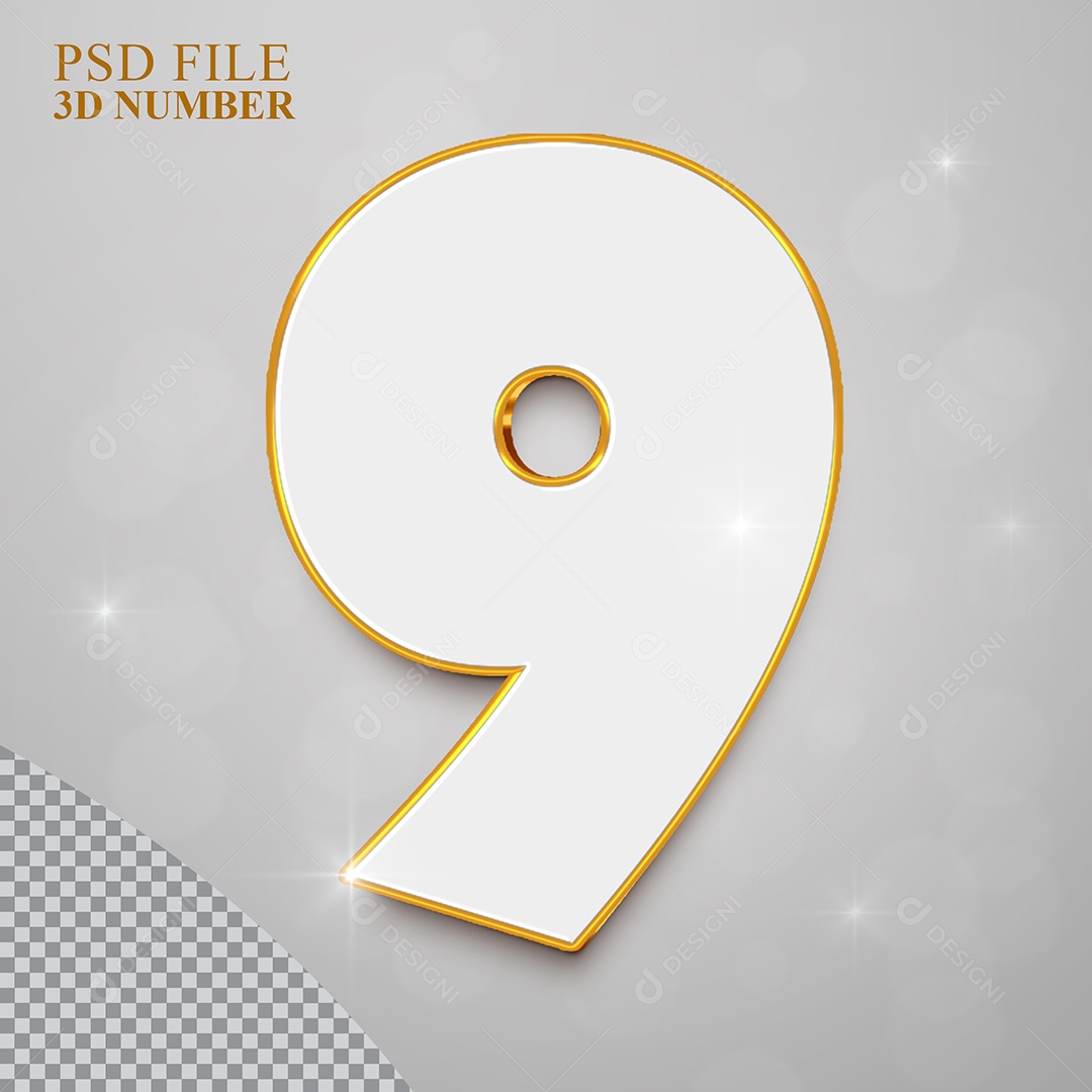 Número 3D 9 Branco com Bordas Dourada Elemento para Composição PSD