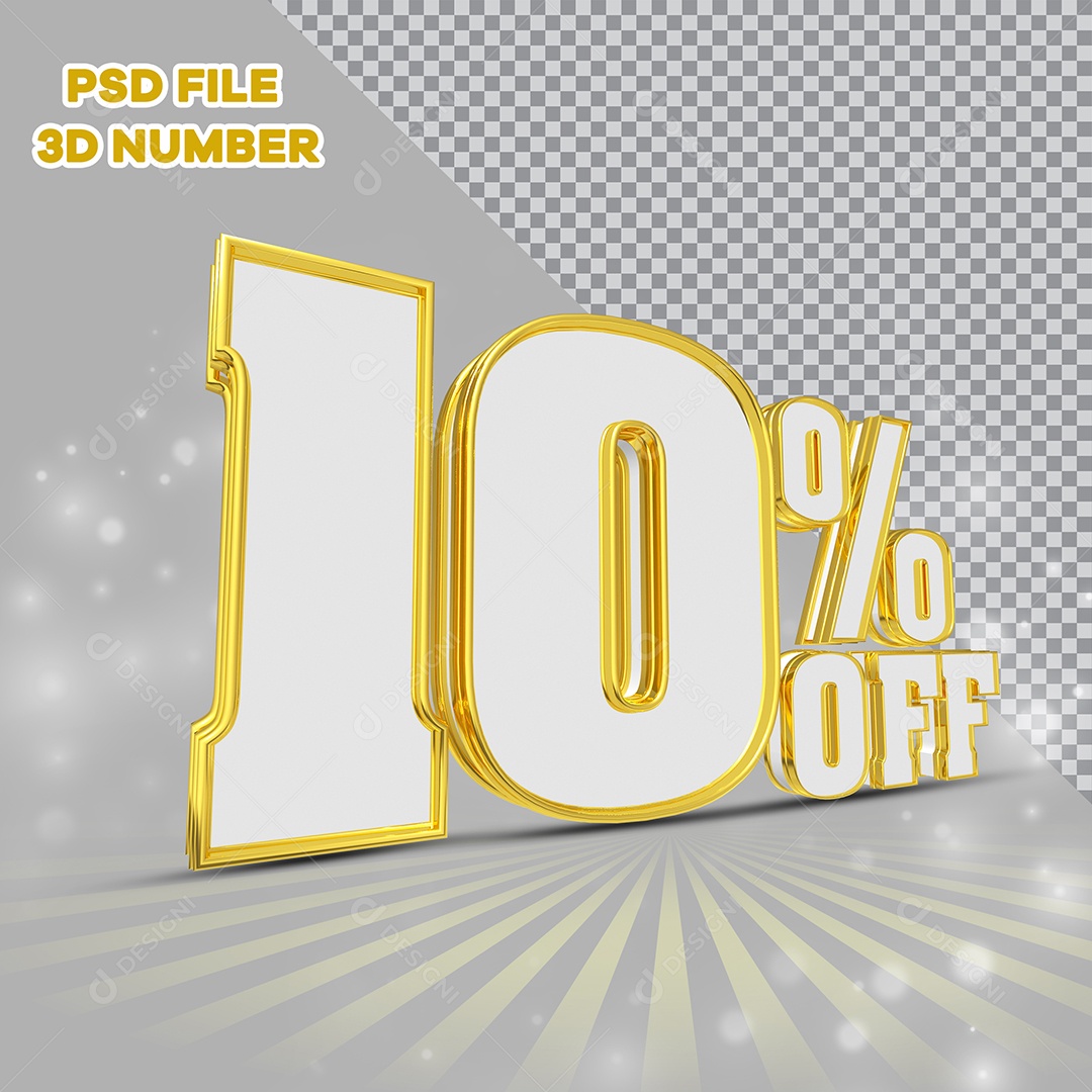 Número 3D 10% Off Branco com Bordas Dourada Elemento para Composição PSD