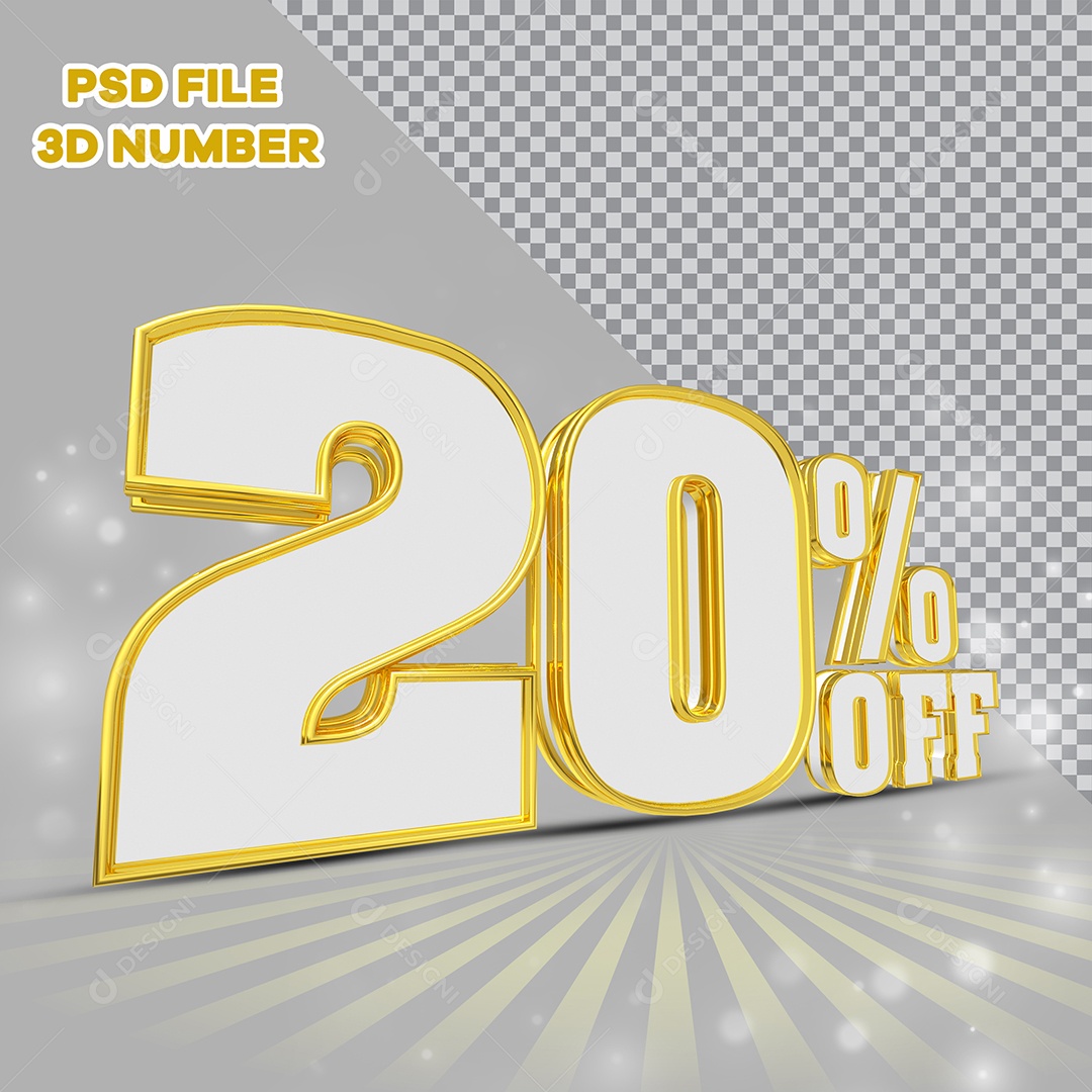 Número 3D 20% Off Branco com Bordas Dourada Elemento para Composição PSD