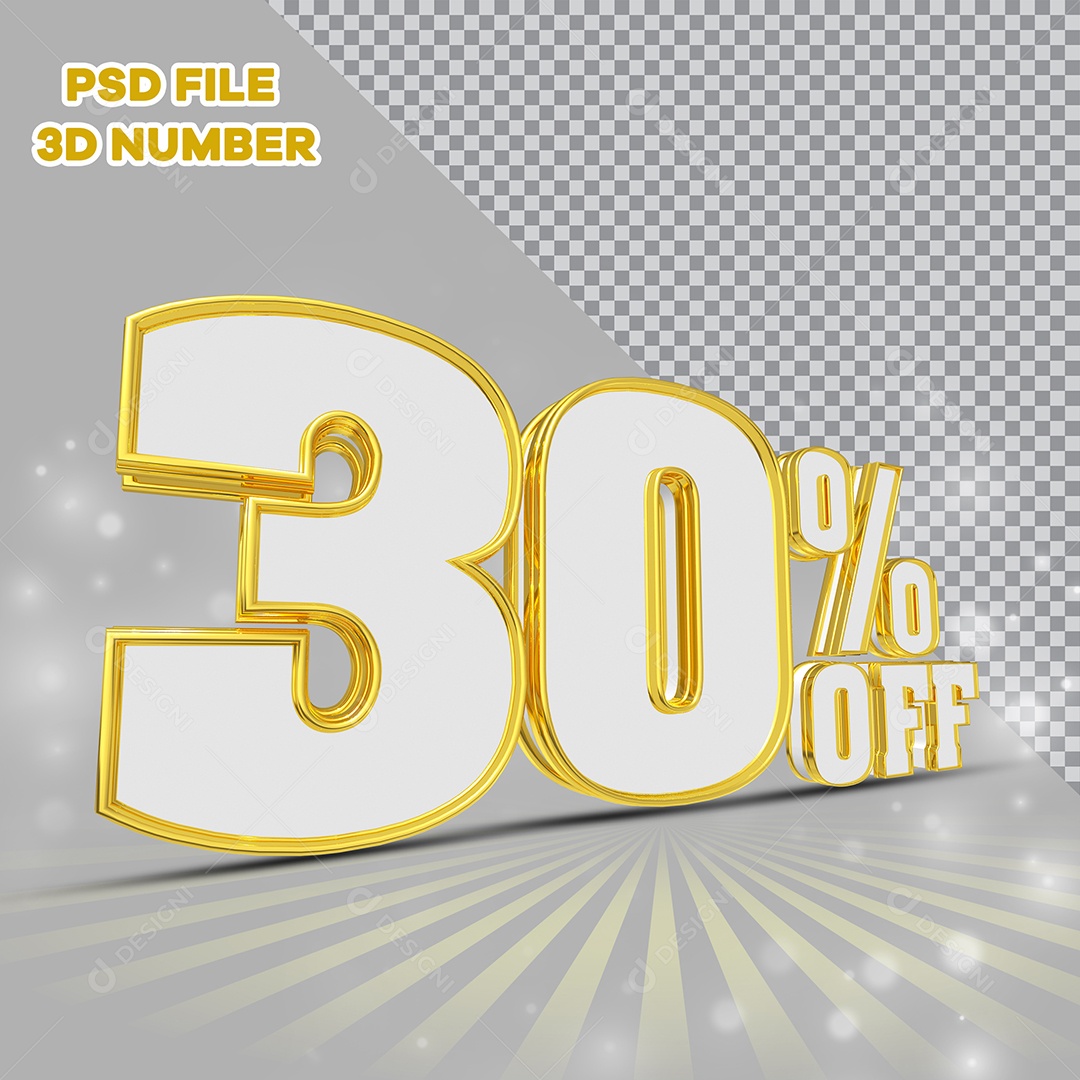3D Number 30% Off White with Golden Edges Element for Composition PSD