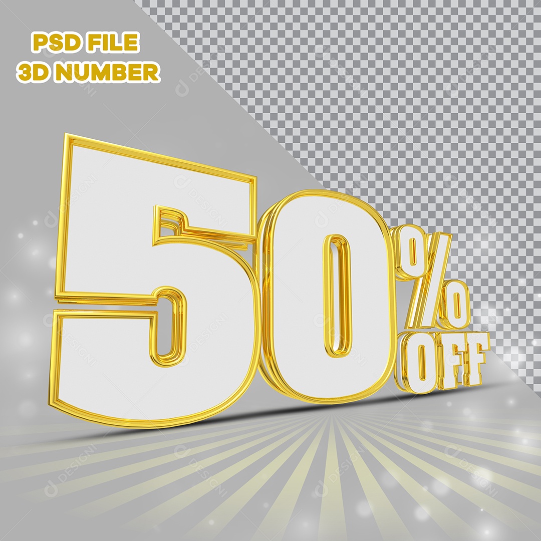 Número 3D 50% Off Branco com Bordas Dourada Elemento para Composição PSD