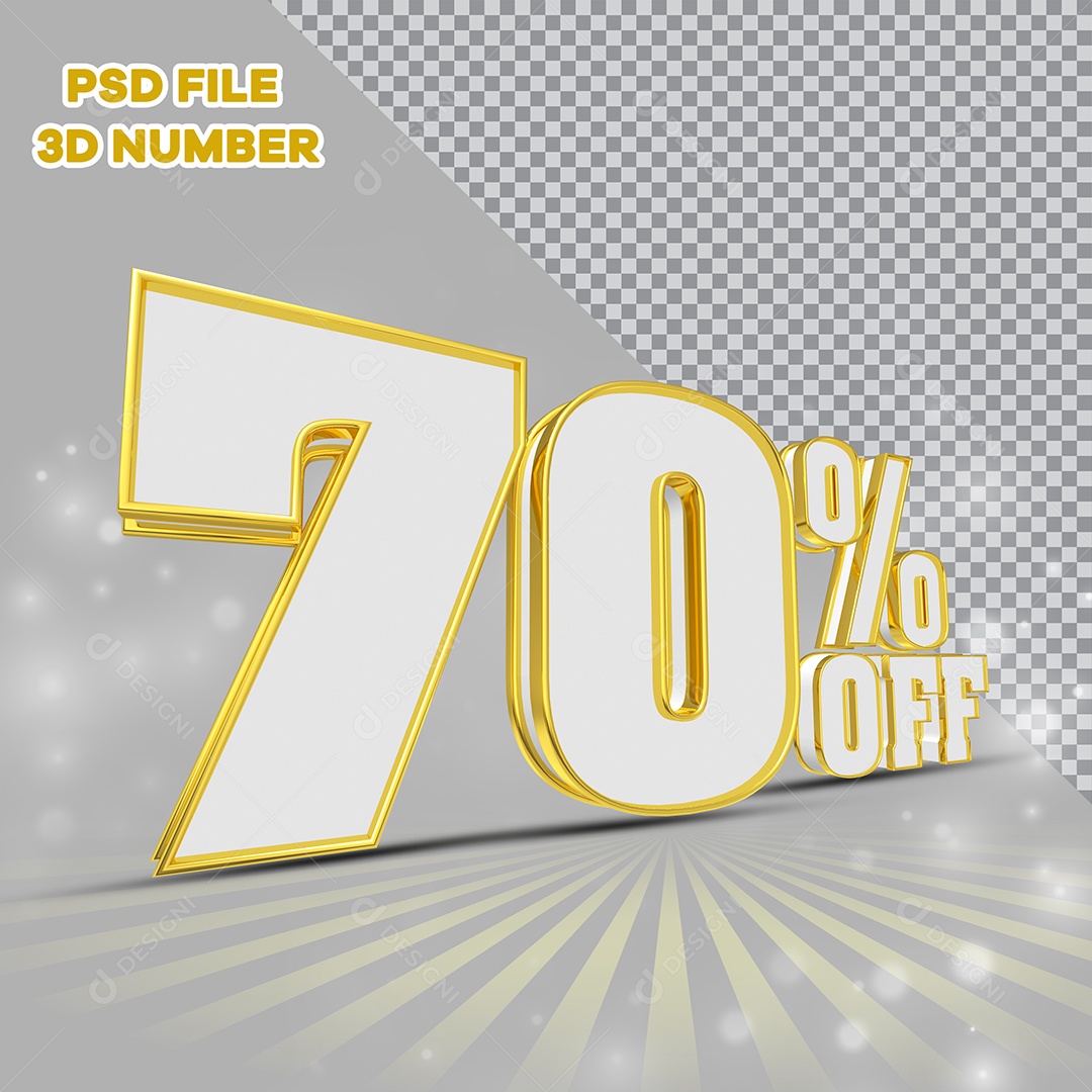 Número 3D 70% Off Branco com Bordas Dourada Elemento para Composição PSD