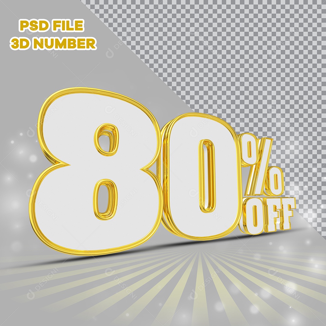 Número 3D 80% Off Branco com Bordas Dourada Elemento para Composição PSD