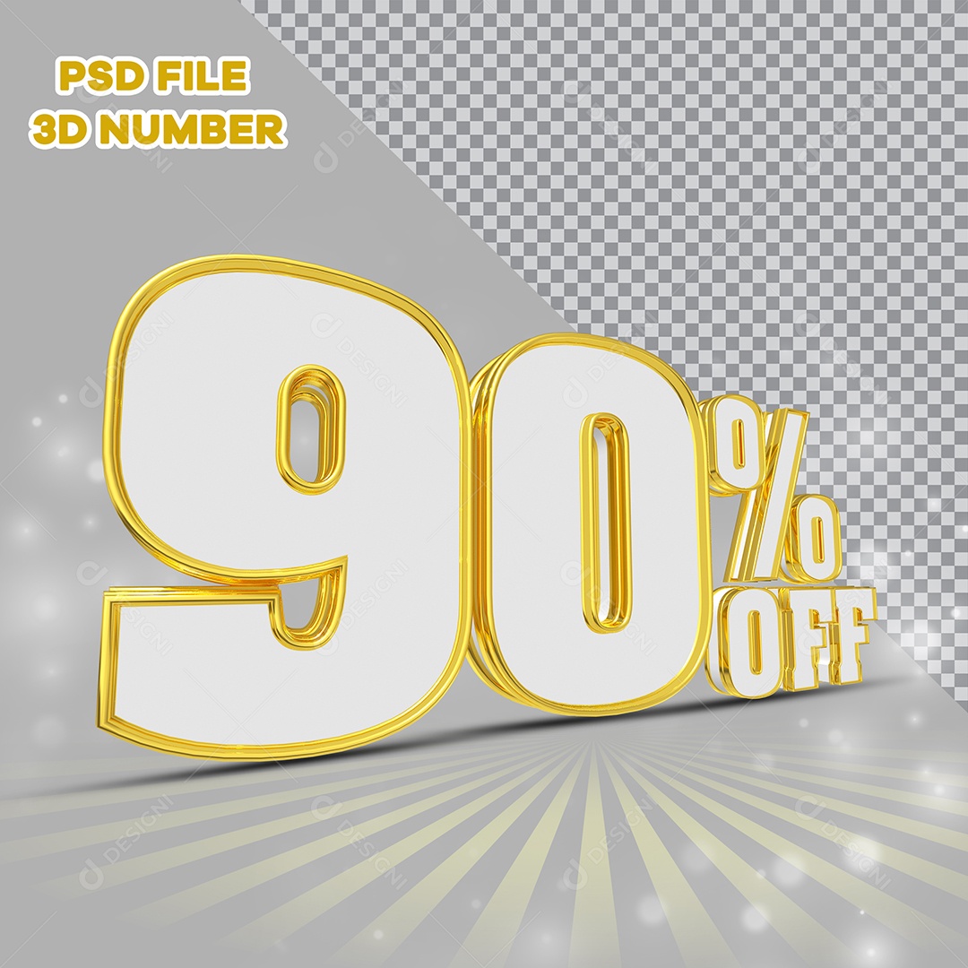 3D Number 90% Off White with Golden Edges Element for Composition PSD
