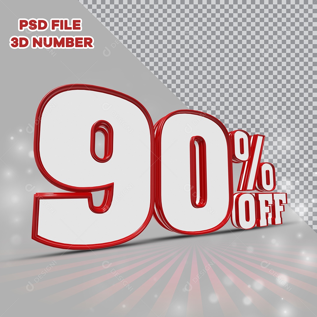 Número 3D 90% Off Branco com Bordas Vermelha Elemento para Composição PSD