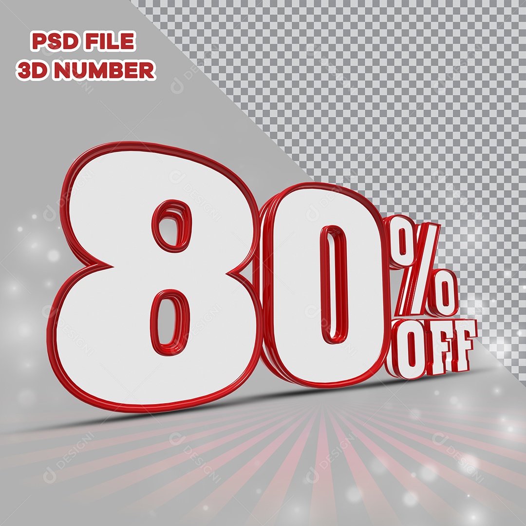 Número 3D 80% Off Branco com Bordas Vermelha Elemento para Composição PSD