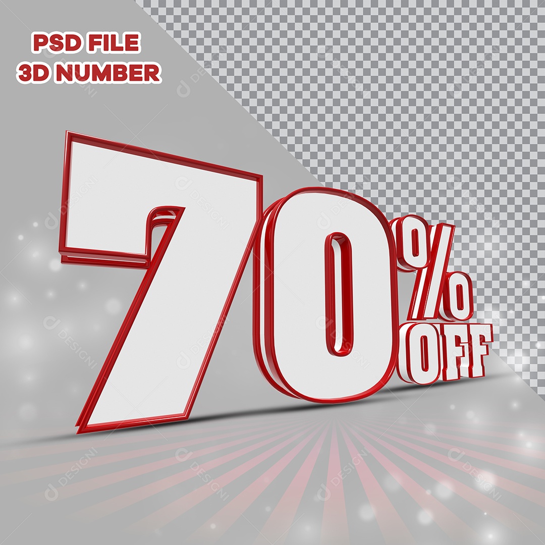 Número 3D 70% Off Branco com Bordas Vermelha Elemento para Composição PSD