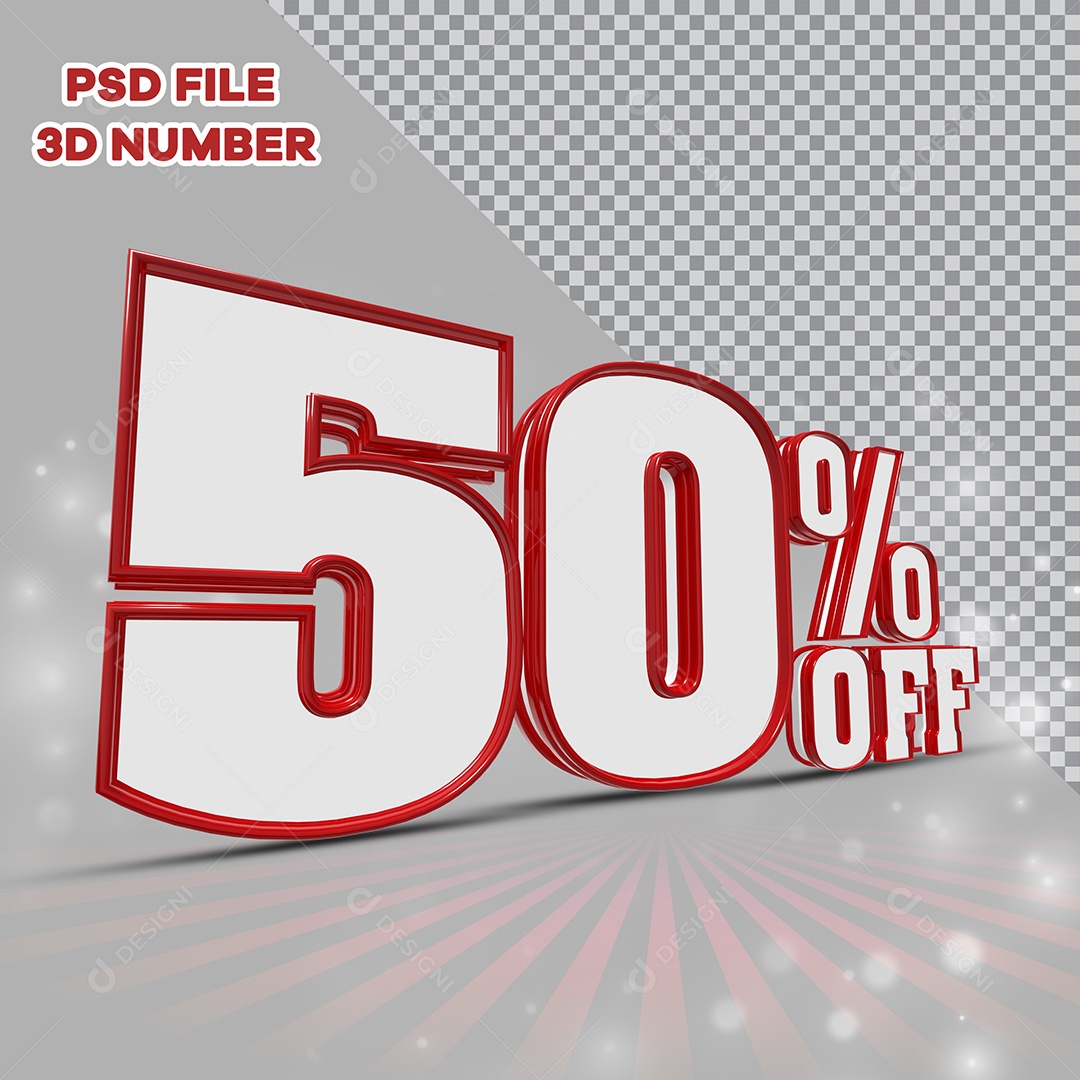 Número 3D 50% Off Branco com Bordas Vermelha Elemento para Composição PSD