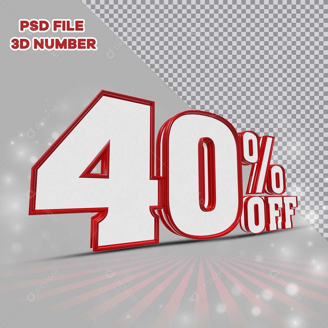 Número 3D 40% Off Branco com Bordas Vermelha Elemento para Composição PSD