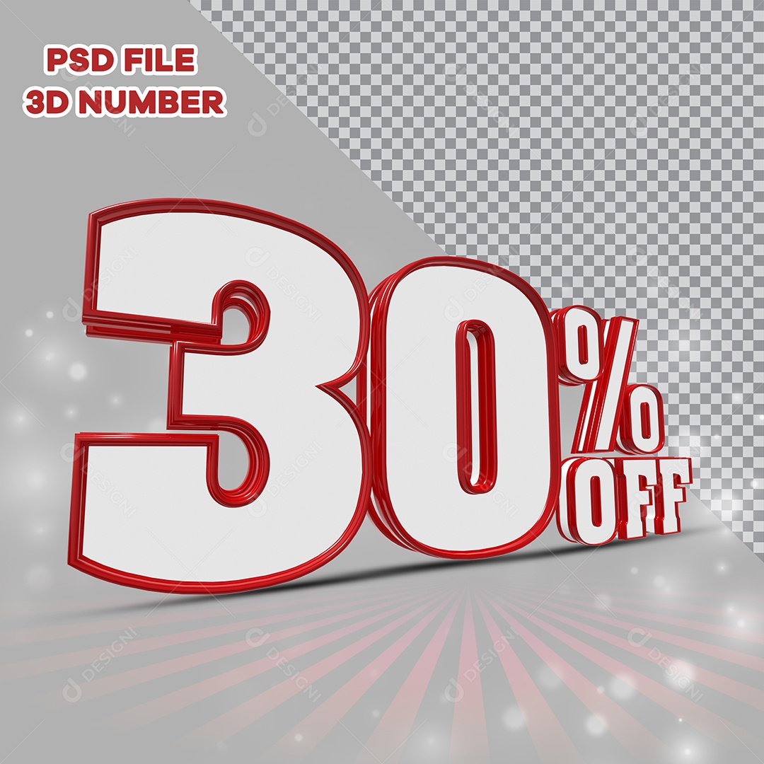 Número 3D 30% Off Branco com Bordas Vermelha Elemento para Composição PSD