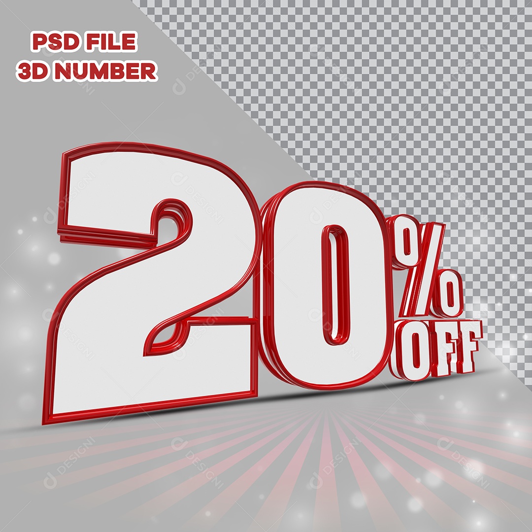 Número 3D 20% Off Branco com Bordas Vermelha Elemento para Composição PSD