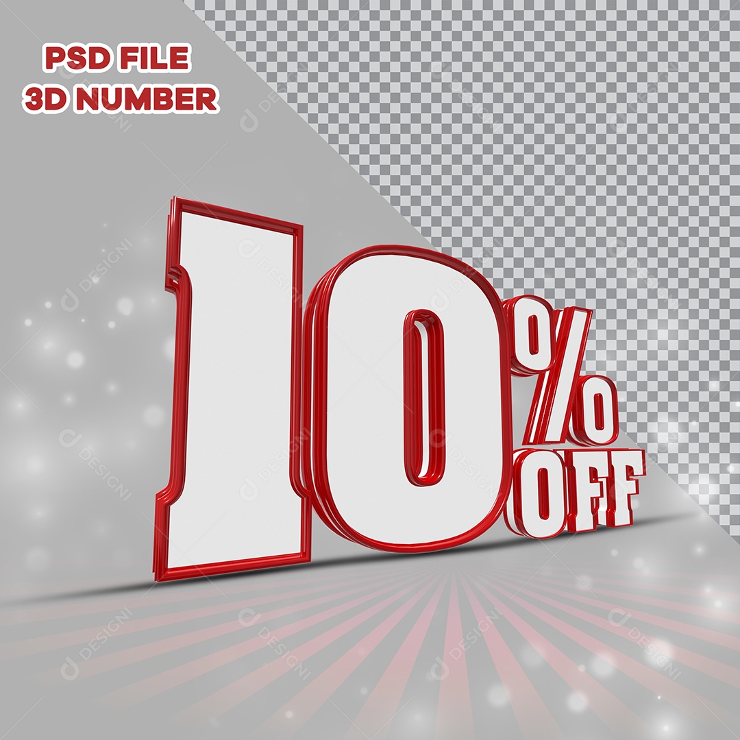 Número 3D 10% Off Branco com Bordas Vermelha Elemento para Composição PSD