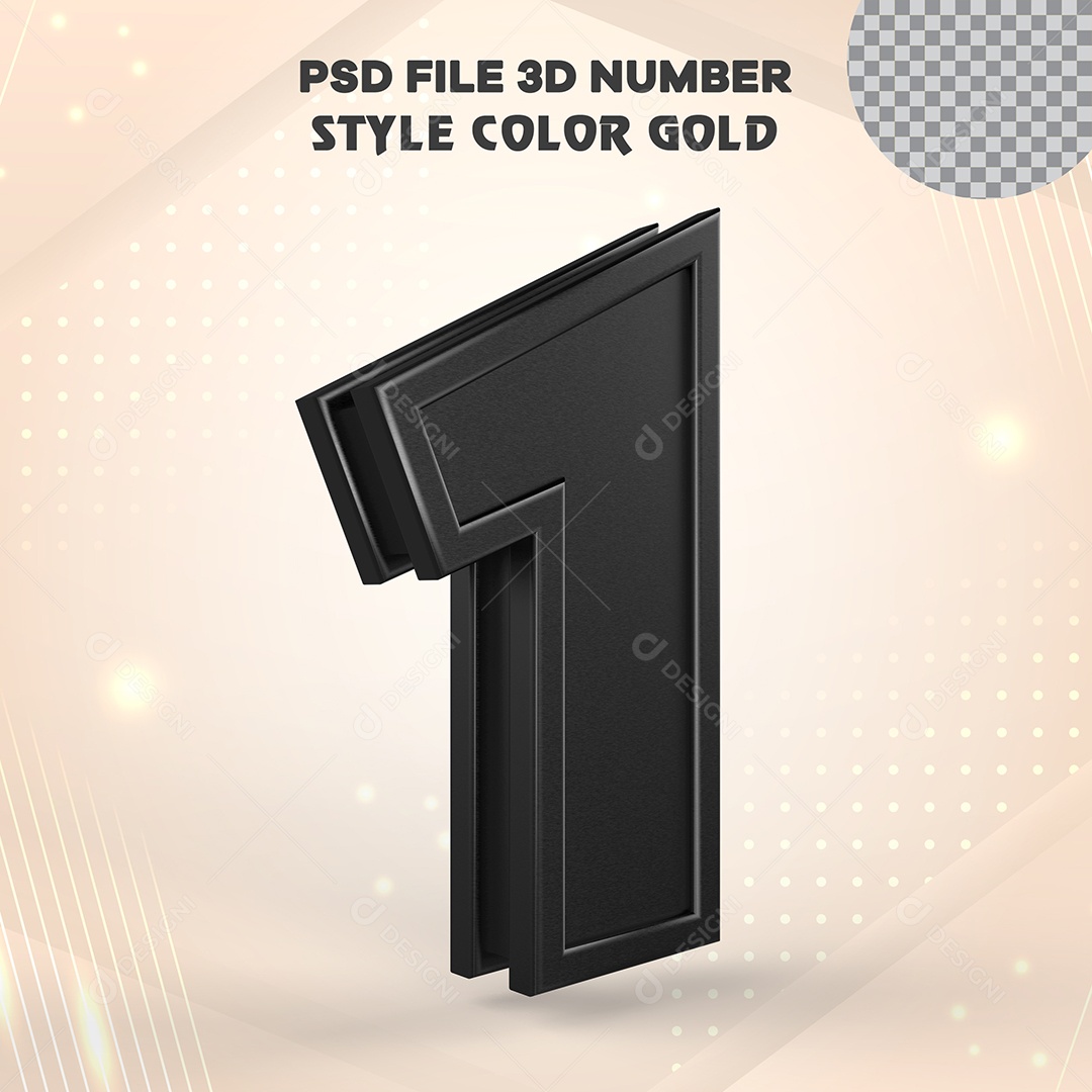 Número 3D 1 Preto com Bordas Elemento para Composição PSD