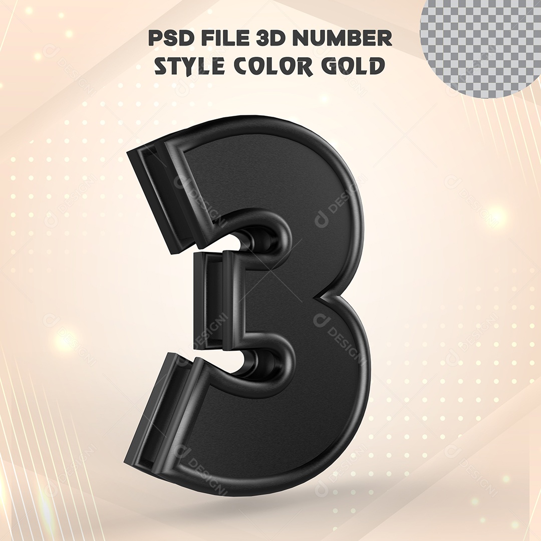Número 3D 3 Preto com Bordas Elemento para Composição PSD