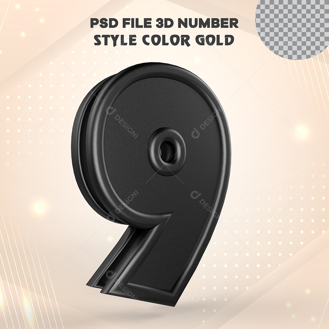 Número 3D 9 Preto com Bordas Elemento para Composição PSD